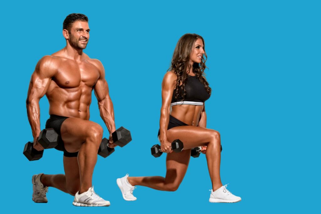 Couple doing lunges while carrying dumbbells